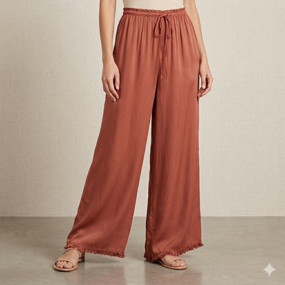 Tempo Paris Palazzo Wide Leg Pants Womens S Rust‎ Silk Blend Frayed Hem Coastal